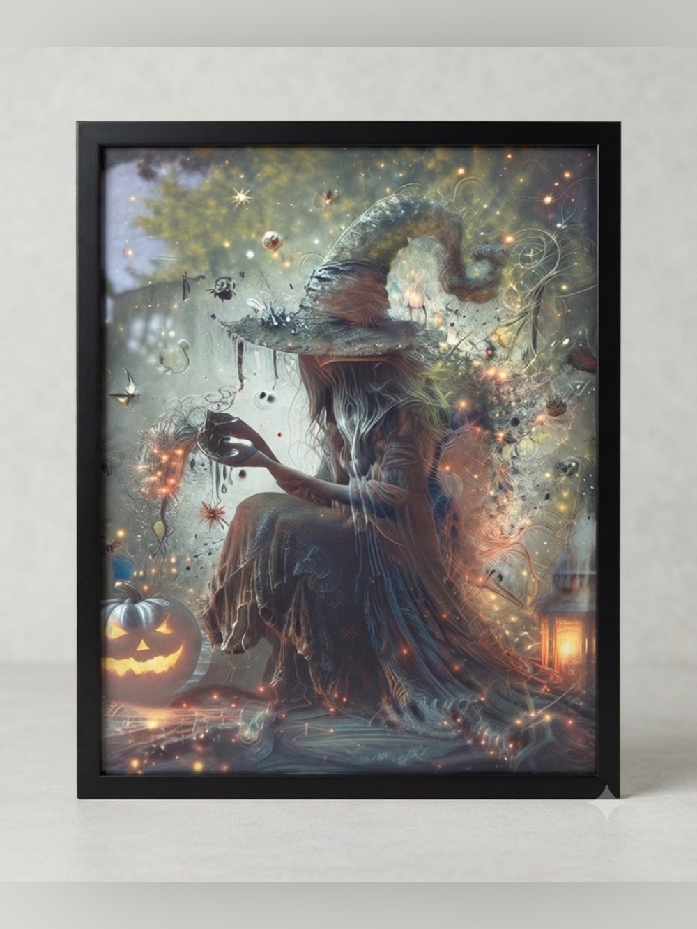 Enchanted Autumn Witch with Pumpkin Glow Framed 8x10” print
